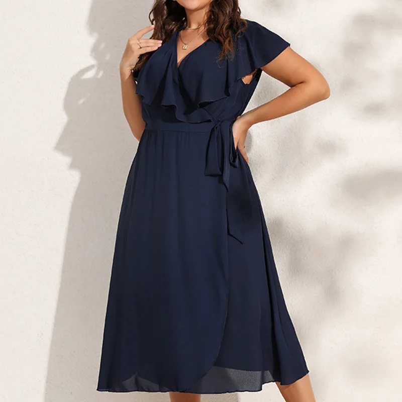 Summer Women's Clothing Evening Party Sexy V-Neck Solid Color Patchwork Ruffles 3/4 Sleeve Folds Plus Size A-line Mid-Calf Dress