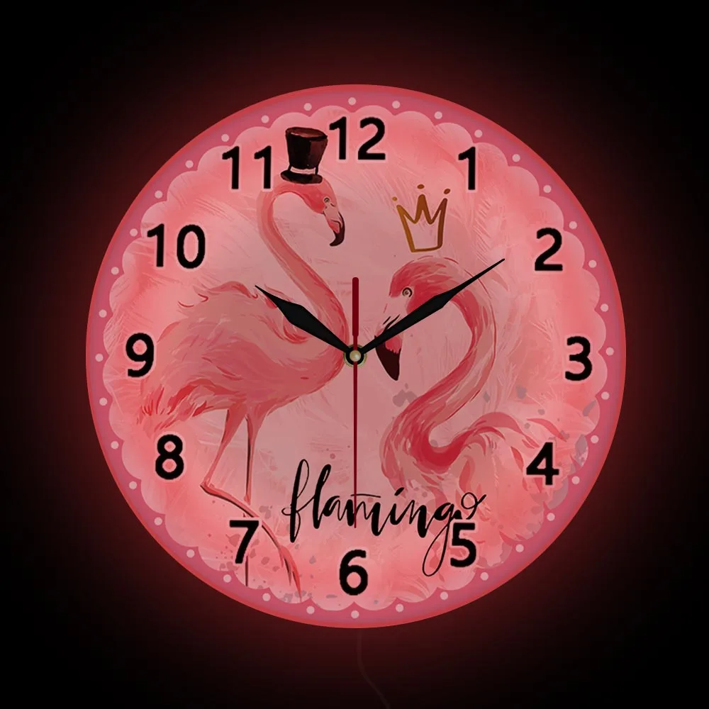 

Настенные часы с розовым фламинго и короной, с художественной печатью, для девочек, спальни, с акварельным рисунком птиц, диких животных, настенные часы со светодиодной подсветкой