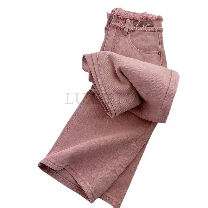 

Мешковатые джинсы, женские джинсовые брюки с высокой талией, розовые Сращенные брюки, винтажные прямые свободные весенние модные шикарные брюки
