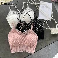2022 summer new fashion beaded hollow out lace short top womens sexy backless solid color versatile camisole for female