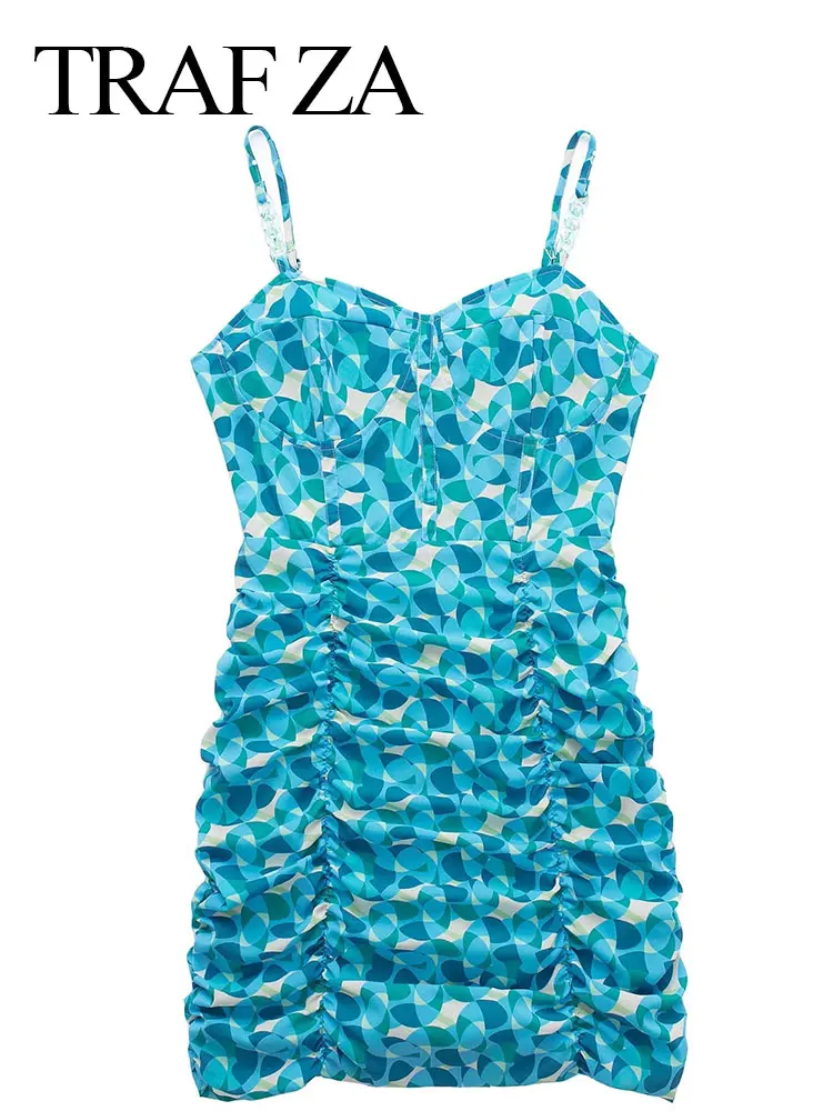 

TRAF ZA Sexy Women Sling Body Dress Printed Wrap Bra Tube Top Sleeveless Backless Zipper Smocked Short Summer Party Dress Lady