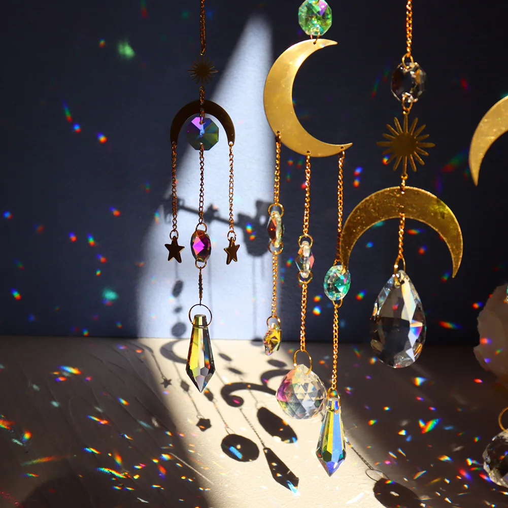 

Star Moon Sun Catcher Hanging Pendant Crystal Diamond Prisms Wind Chimes Ornament Indoor Room Outdoor Patio Decor