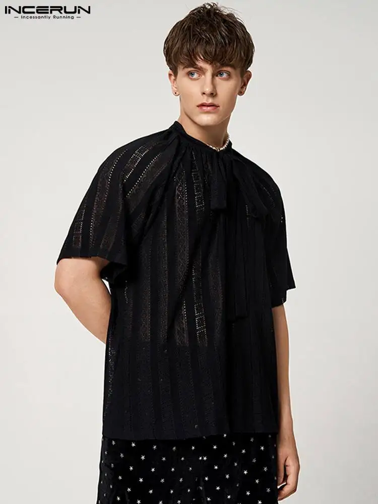 INCERUN Tops 2022 American Style Men's Small Mesh Shiny Blouse Fashion Casual Male Short-sleeved Loose Comfortable Shirts S-5XL