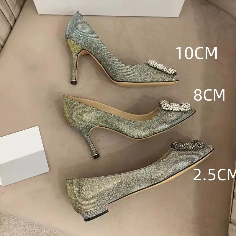 

Black Rhinestone High Heels Shoes Woman Basic Pump 2023 Satin Fabric Shiny Diamond Bridal Shoe Fashion Party Women Shoes Pumps