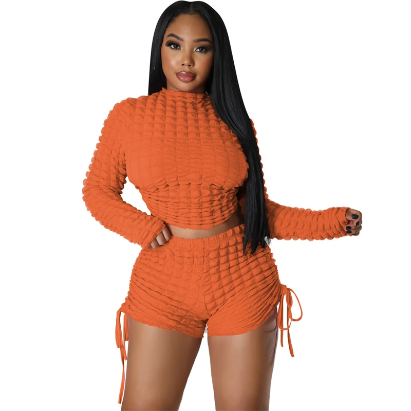 2023 Summer Puffy Popcorn 2 Piece Set Women Outfits Lace Up Backless Long Sleeve Crop Top Shorts Sexy Suit Tracksuits Swimsuit