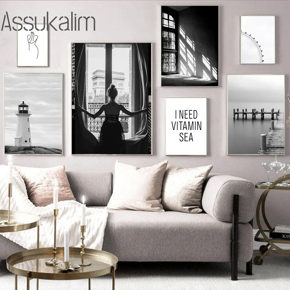 Черно-белый пейзаж художественные принты морской холст картины колеса обозрения