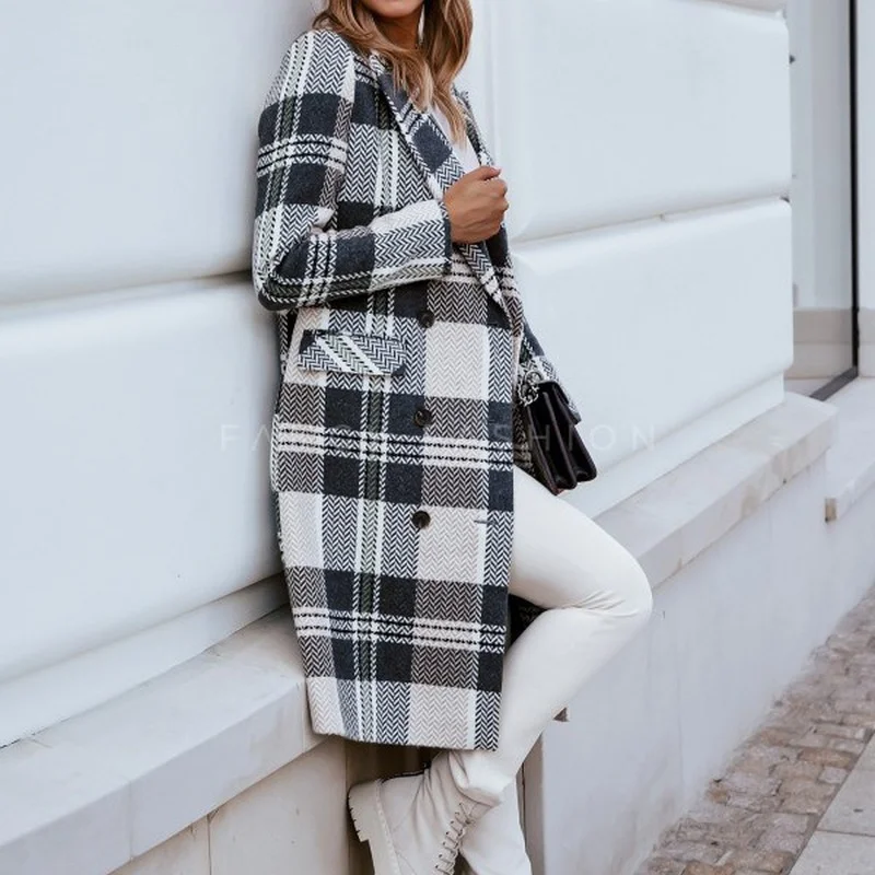

Женское повседневное шерстяное пальто, простое двубортное пальто в клетку с воротником и длинными рукавами, прямого покроя, Осень-зима 2022