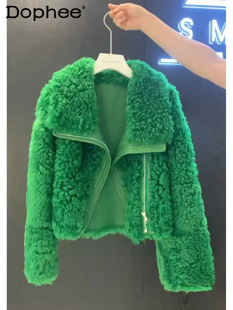 Fashion Green Faux Wool Lamb Fur Coat for Women 2023 Spring Winter New Small Short Woolen Coats Cropped Jacket Femme