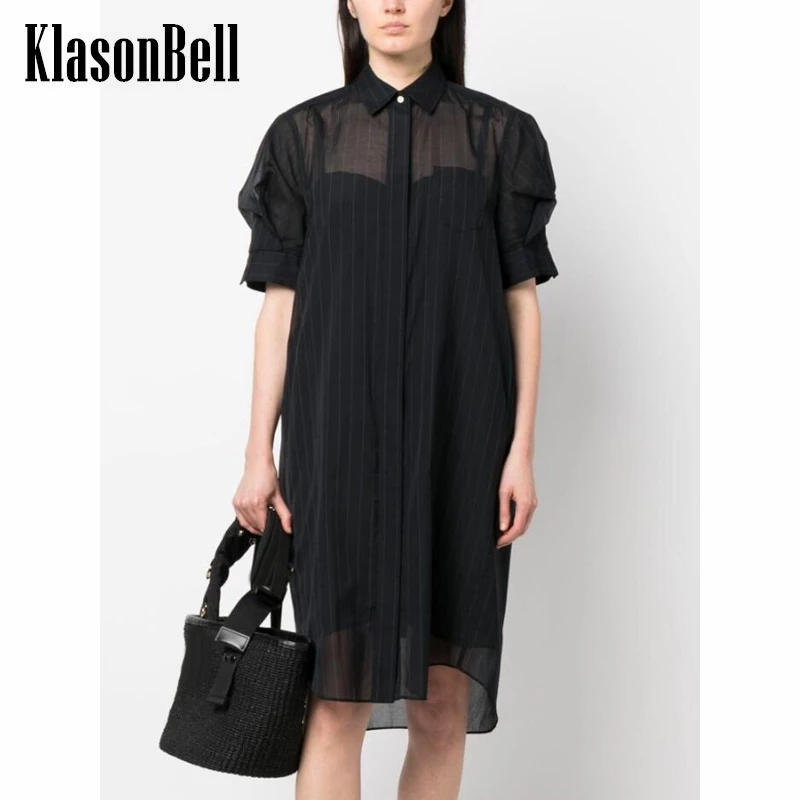 6.26 KlasonBell Temperament Striped Print Short Sleeve Shirt Dress Women