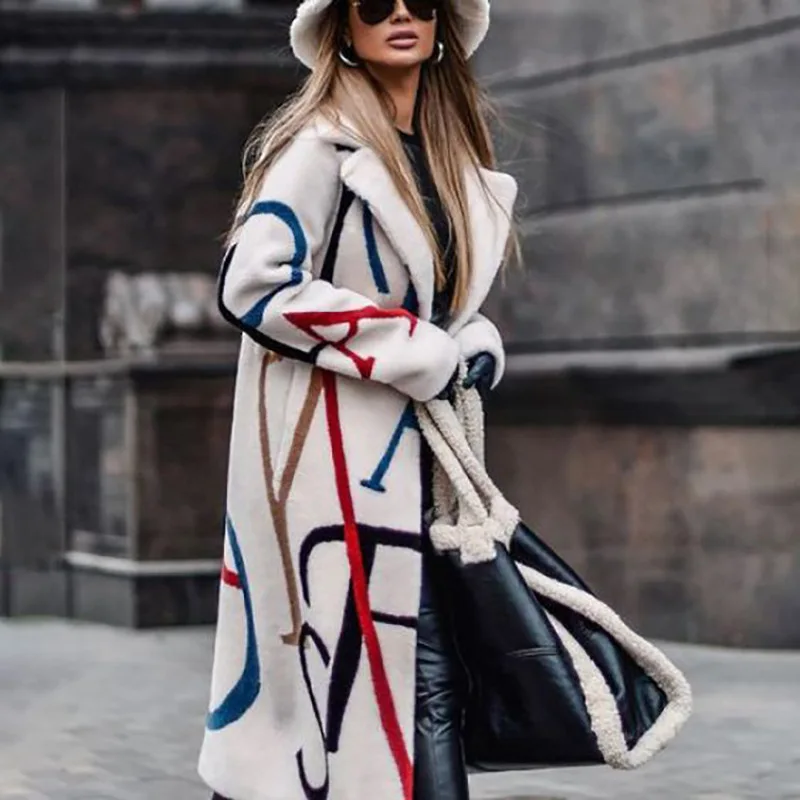 

Осенне-зимнее женское пальто с длинным отложным воротником, модное шерстяное теплое пальто с буквенным принтом