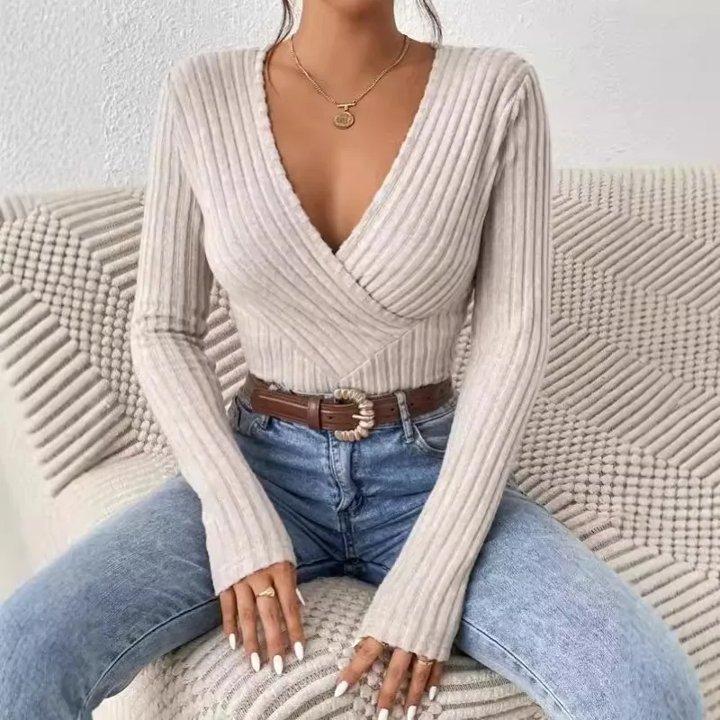 Высококачественные европейские полосатые рубашки с v-образным вырезом и