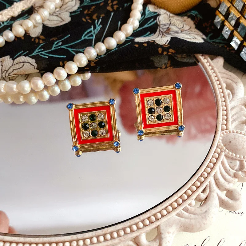 Auspicious Baby Elephant Drop Glaze Enamel Rhinestone Brooch Vintage Square Stud Earrings Jewelry Accessories Set for Women