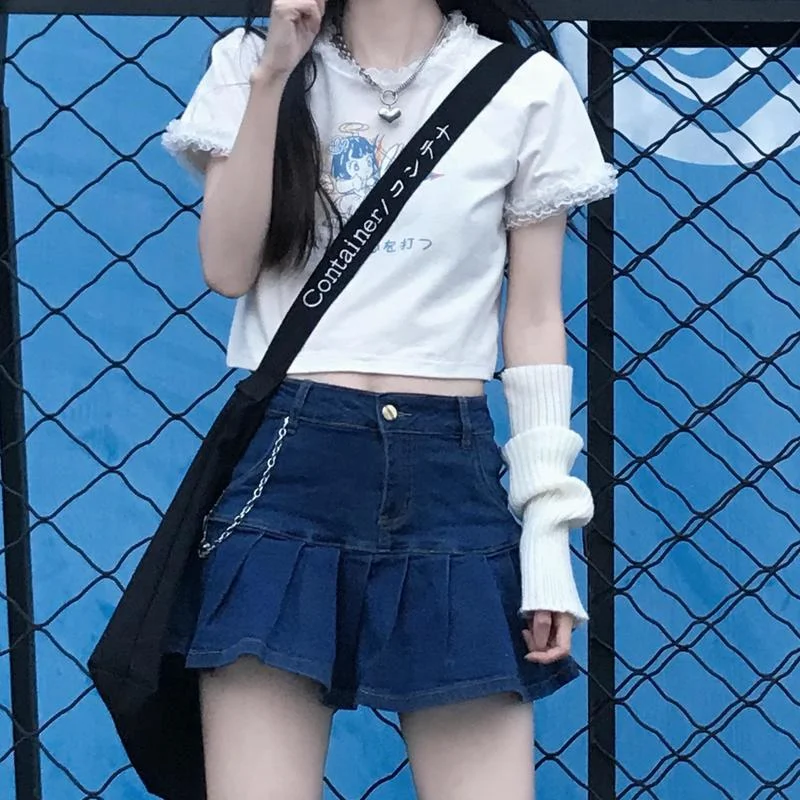 Мини-юбка женская джинсовая плиссированная в стиле Харадзюку с высокой талией 2000