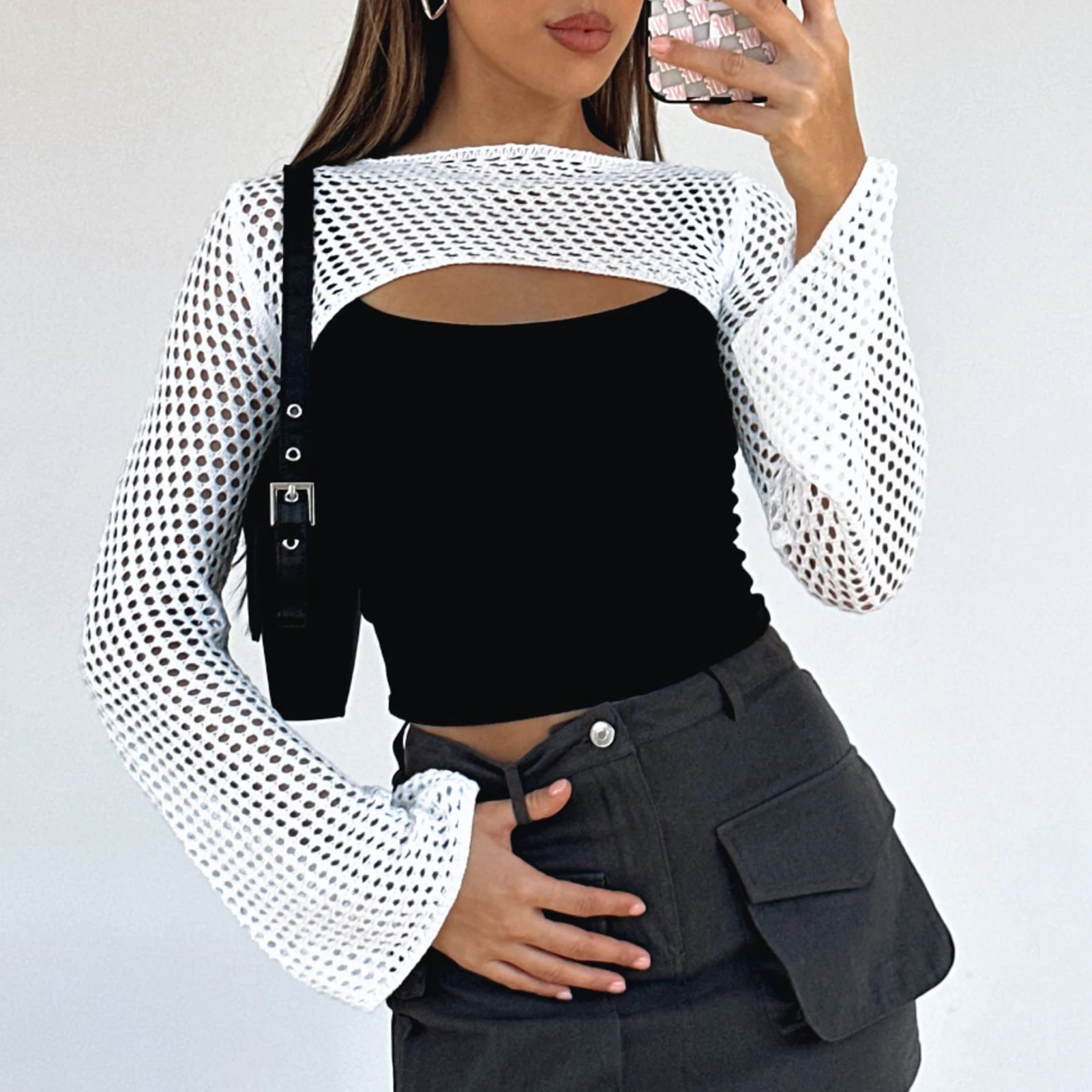 

Women Hollow Out Top O Neck Ladies Super Short Pullover Stylish Vintage Solid Color Casual Blouse