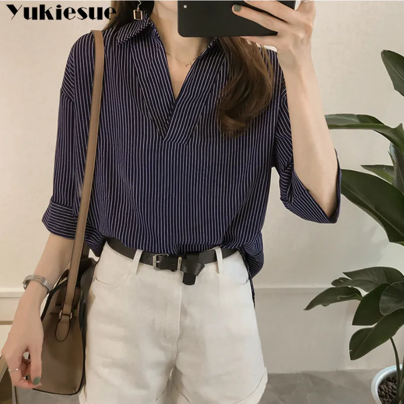 Блузка женская с V-образным вырезом модная рубашка в полоску топ и блузы