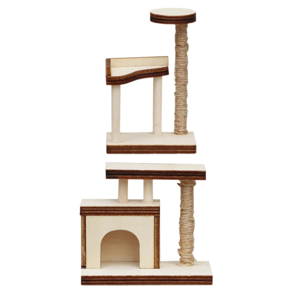 

2 Pcs Mini Wood Cat Trees The House Miniature Model Decor Wooden Furniture