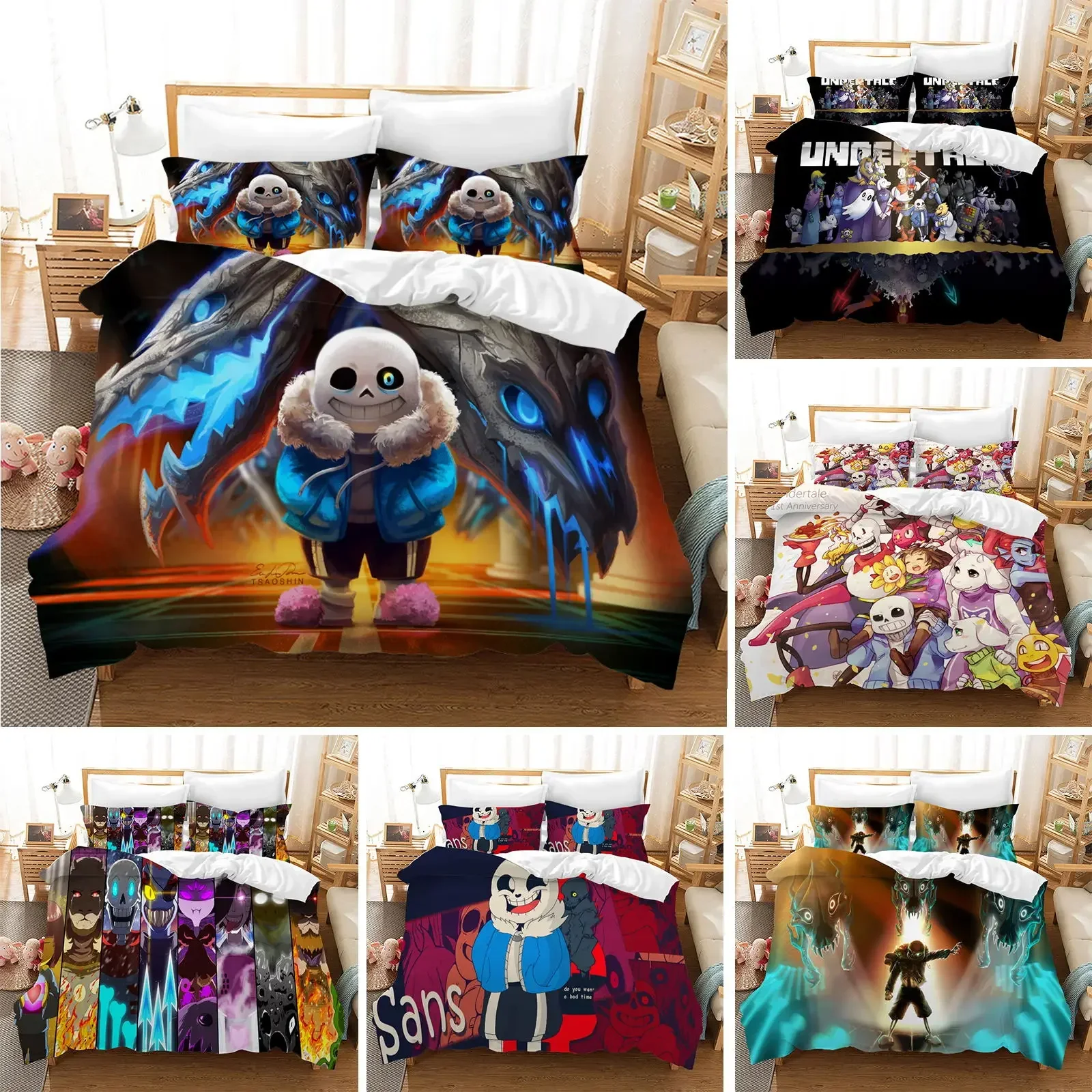 High Quality 3D Printed Undertale Game Frisk Sans Papyrus Pattern Duvet Cover with Pillow Bedding Set for Bedroom Decor
