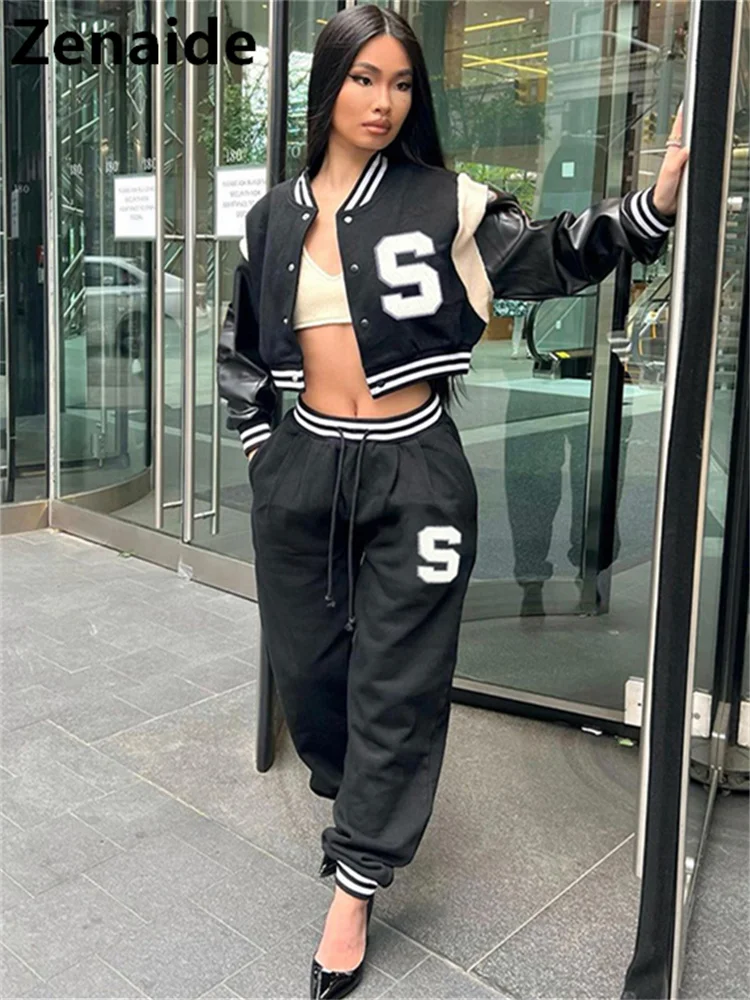 

Zenaide 2022 Autumn Winter Print Long Sleeve Jacket Varsity PU Leather Patchwork Casual Crop Baseball Coat Women Black Bomber