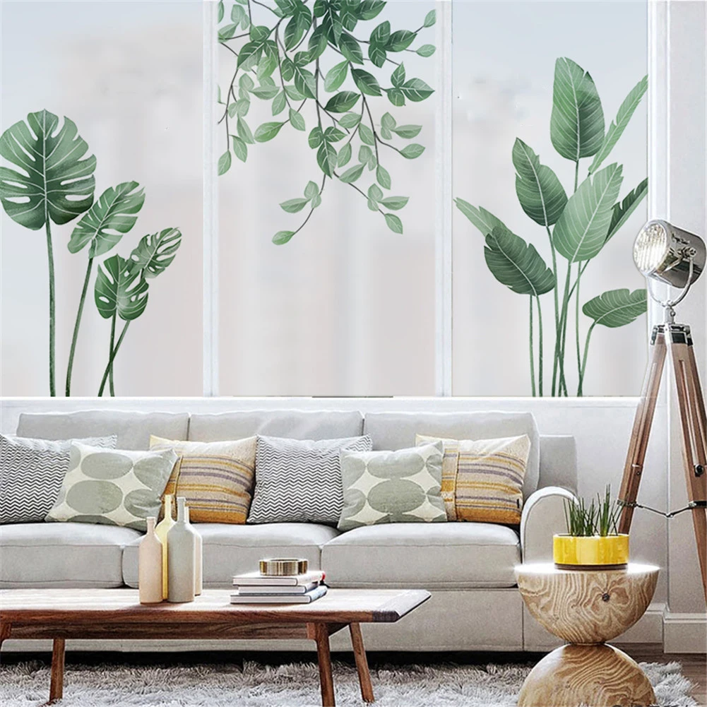 Декоративная прозрачная пленка для окон витражные наклейки с зелеными листьями