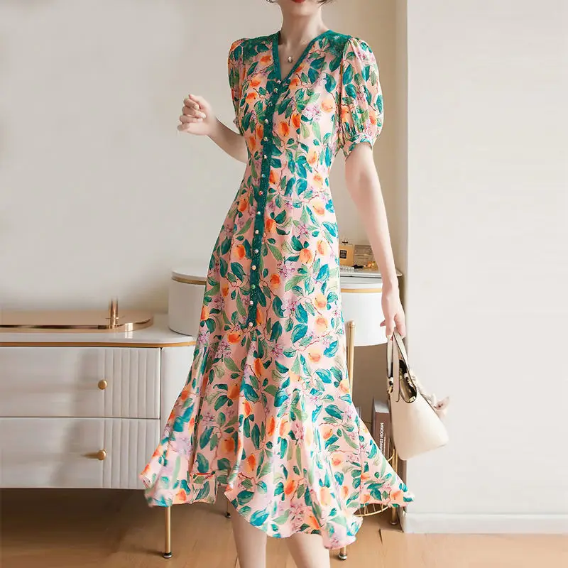 

Foreign-style Large Size Women's Age-reducing Fishtail Skirt Fat Sister Mm2022 Summer New Temperament Slim Floral Chiffon Dress