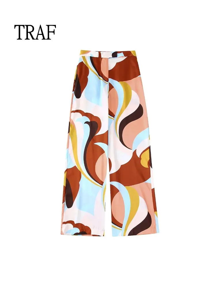 

TRAF Print Women Pants 2022 Autumn Vintage High Waist Wide Leg Pant Woman Trouser Chic Zipper Pocket Streetwear Women Pant Set