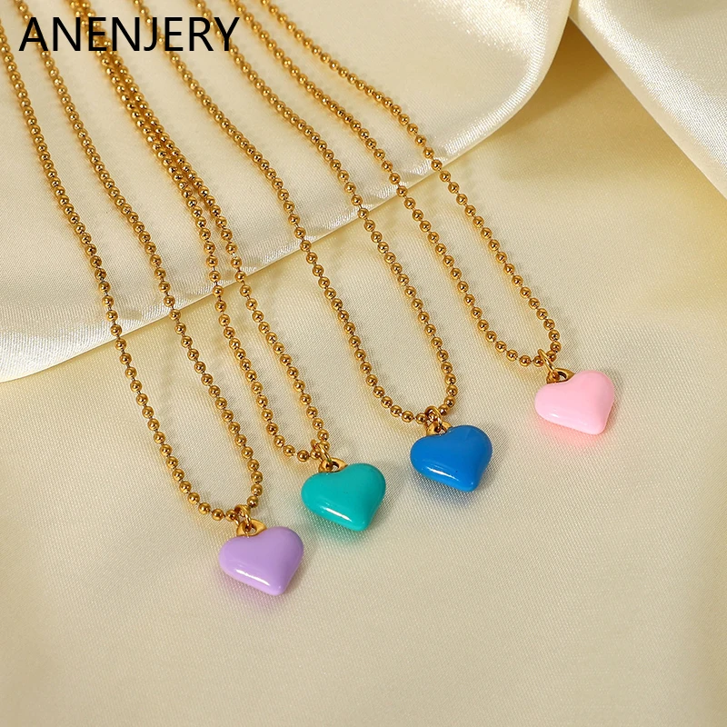 

ANENJERY 316L Stainless Steel Colorful Enamel Heart Pendant Necklace New Fashion Women's Necklace Party Jewelry Gift