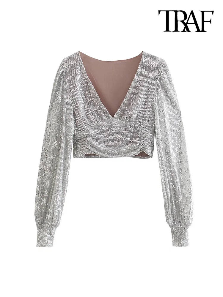 

TRAF Women Sexy Fashion Shiny Sequined Party Crop Blouses Vintage Long Sleeve Side Zipper Female Shirts Blusas Chic Tops