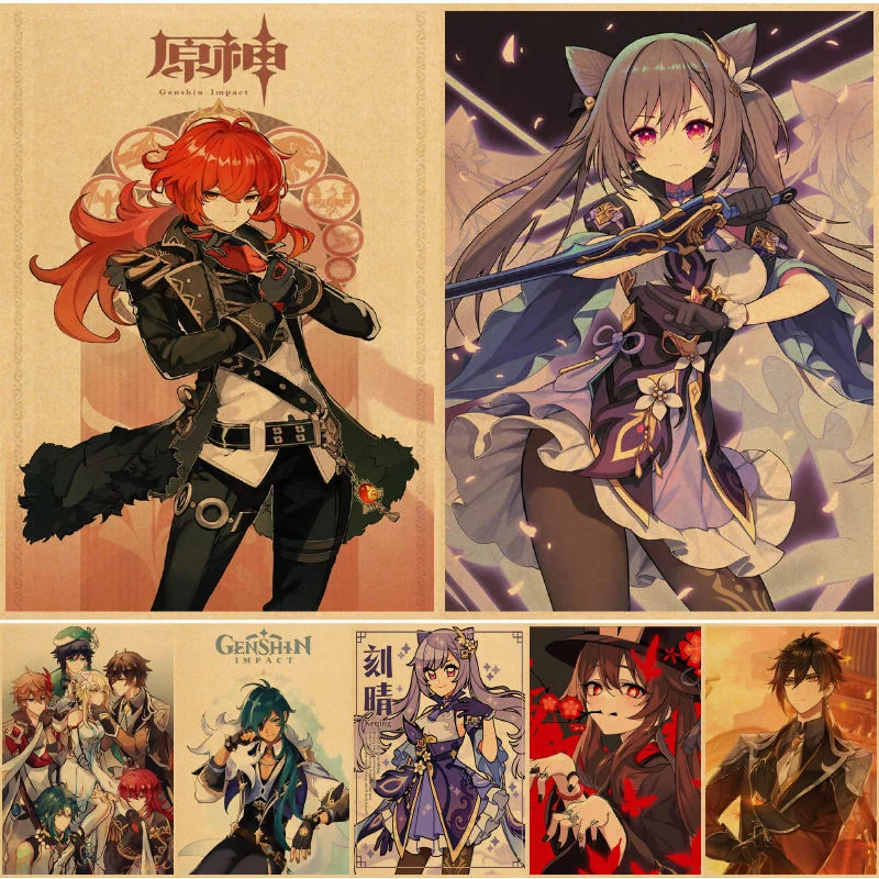 

Настенные постеры Genshin Impact, настенные постеры, винтажный постер, бумажный Декор для дома, спальни, настенные картины