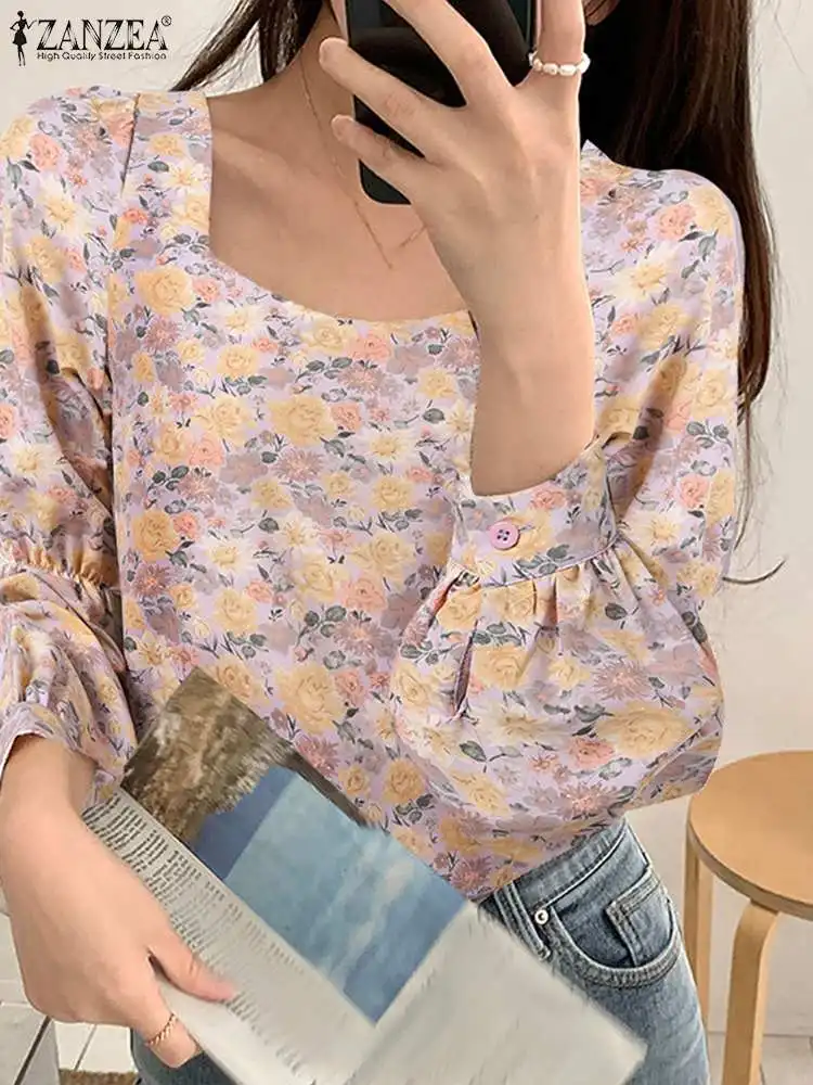 

Новинка 2023, милая Туника ZANZEA, элегантная рубашка с буффами и длинным рукавом, женская блузка с цветочным принтом, повседневные свободные укороченные топы с квадратным вырезом