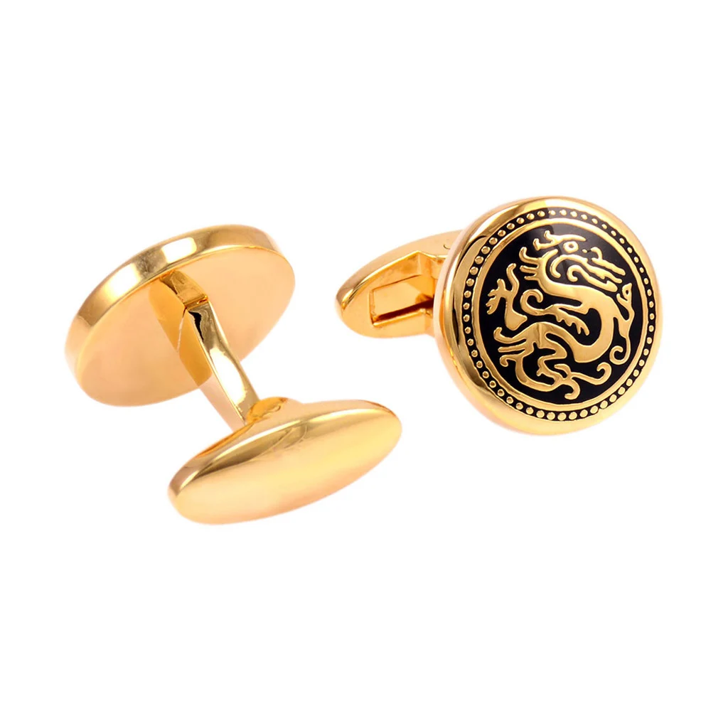 

NVT Vintage Dragon Pattern Cufflinks For Mens French Shirt Gold Color Metal Cuff Links Free Engraving Name Cuff Buttons