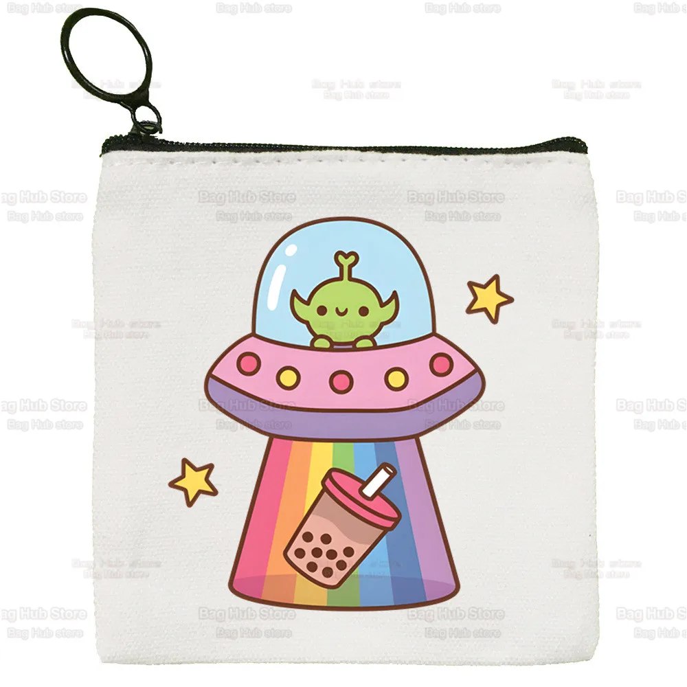 Boba Milk Tea Mini Coin Purse Canvas  Cartoon Cute Student Wallet Bubble Tea Cute Coin Case Zipper Hand Female Key Case
