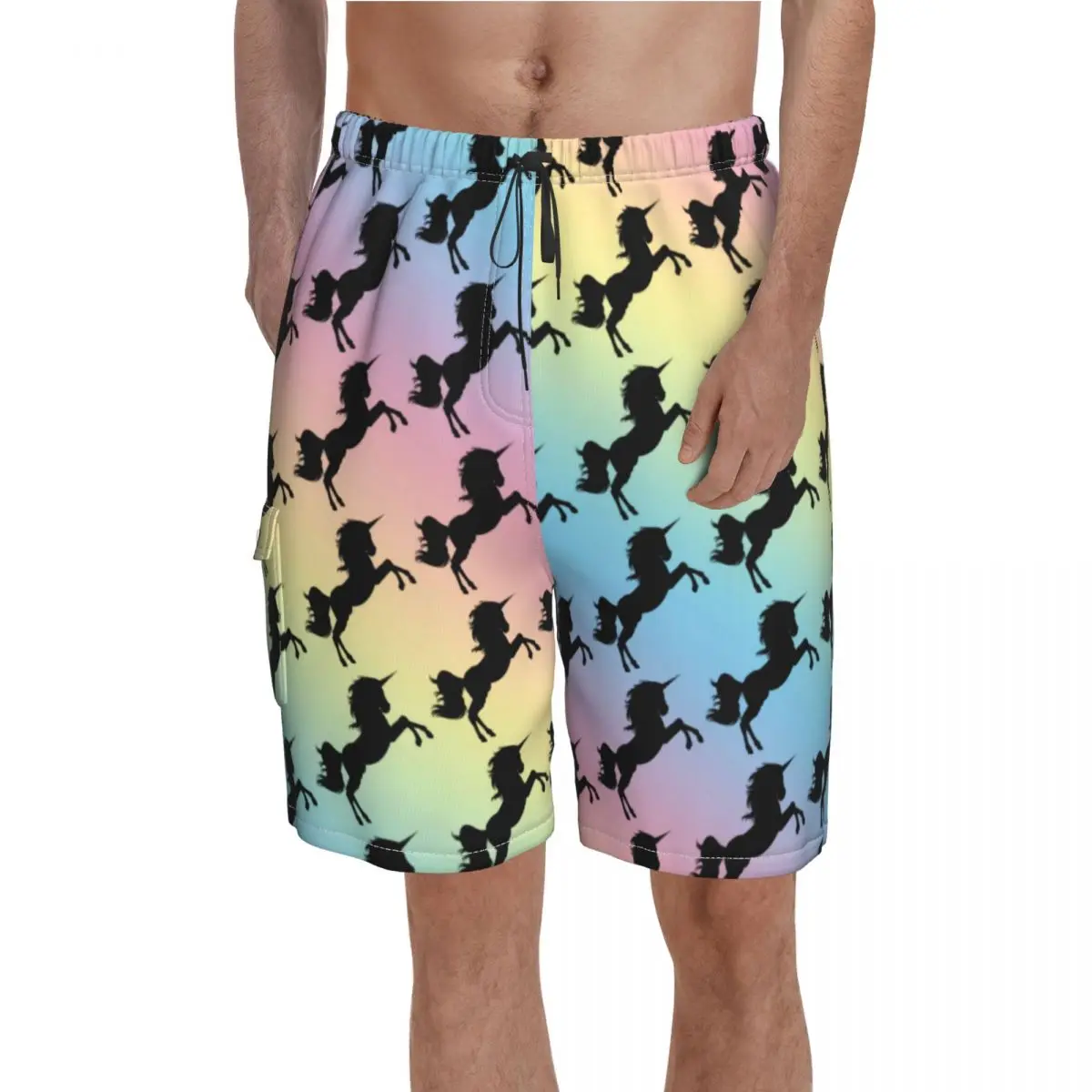 

Black Unicorn Silhouette Board Shorts Pastel Rainbow Print Beach Short Pants High Quality Men's Comfortable Custom Swim Trunks