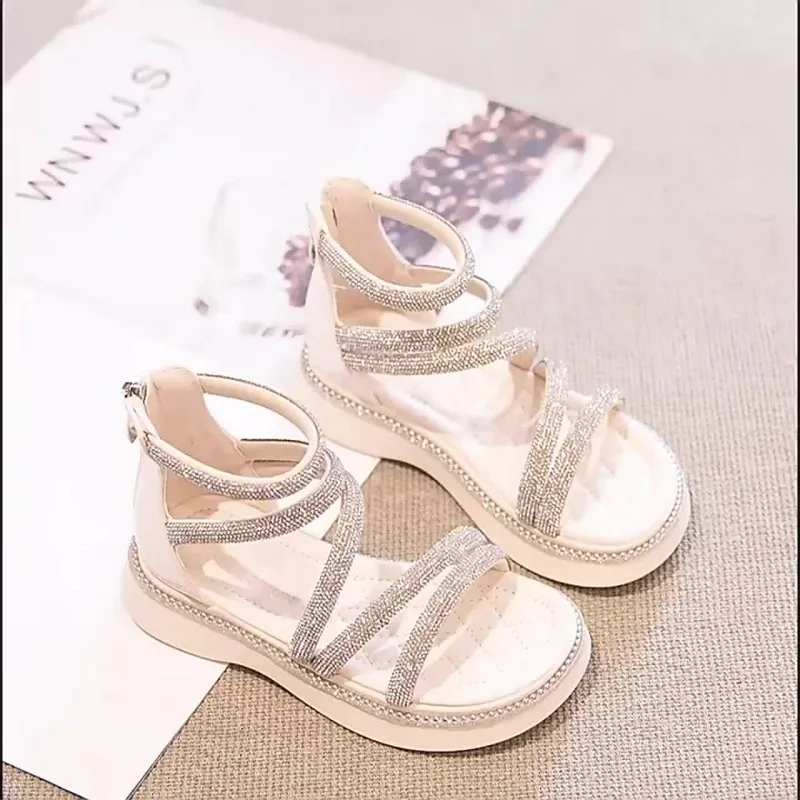 Summer Girls' Sandals With Diamond Inlaid Flats Roman Princess Shoes High Profile Open Toe Zipper Sandals2023 Children's Sandals