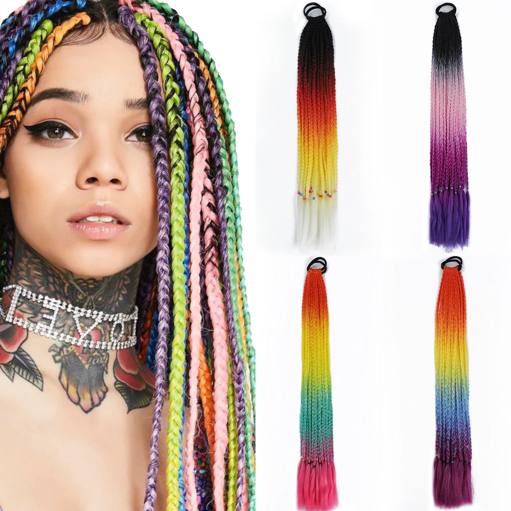 

AZQUEEN 24Inch Synthetic Braided Braids Rainbow Braid With Rubber Band Heat Resistant High Temperature Fiber Suitable for women