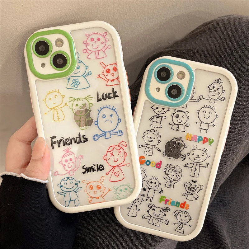 

Cute Cartoon Graffiti Boy Girl Pattern Phone Case For iPhone 11 12 13 Pro Max XS XR X White Bumper Back Cover