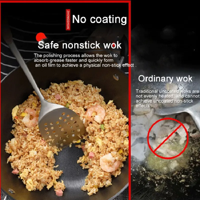 High Quality Iron Wok Traditional Handmade Non-stick Pan Non-coating Gas Cooker Induction Universal Cookware |