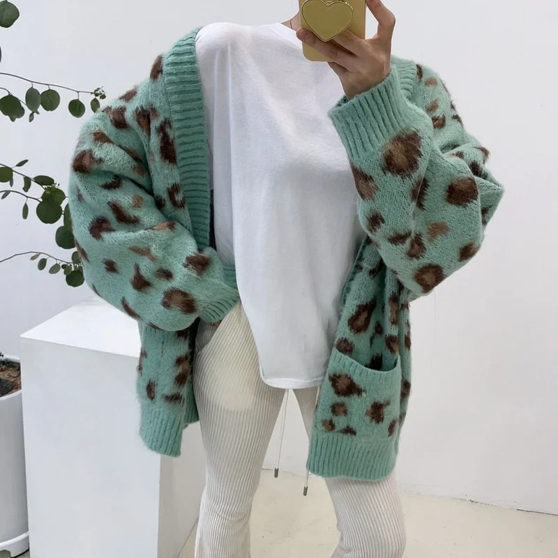 Женский однобортный Кардиган с леопардовым принтом повседневная мягкая теплая