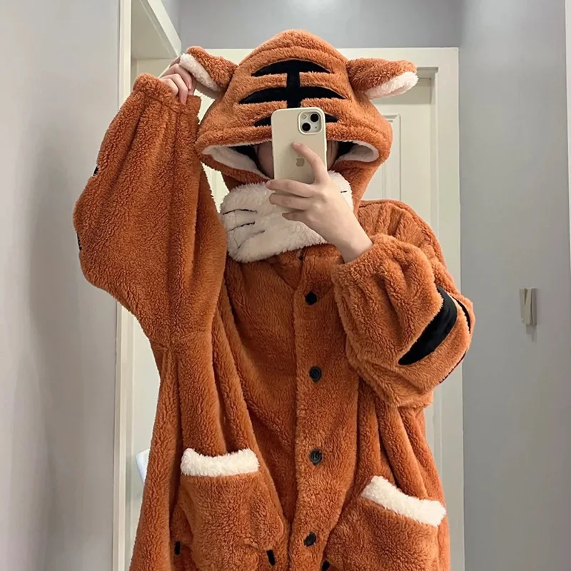 Tiger Bathrobe Soft Hooded Robes Cute Women's Pajamas Nightgown Flannel Kimono Bath Robe for Girls Animal Sleepwear For Winter