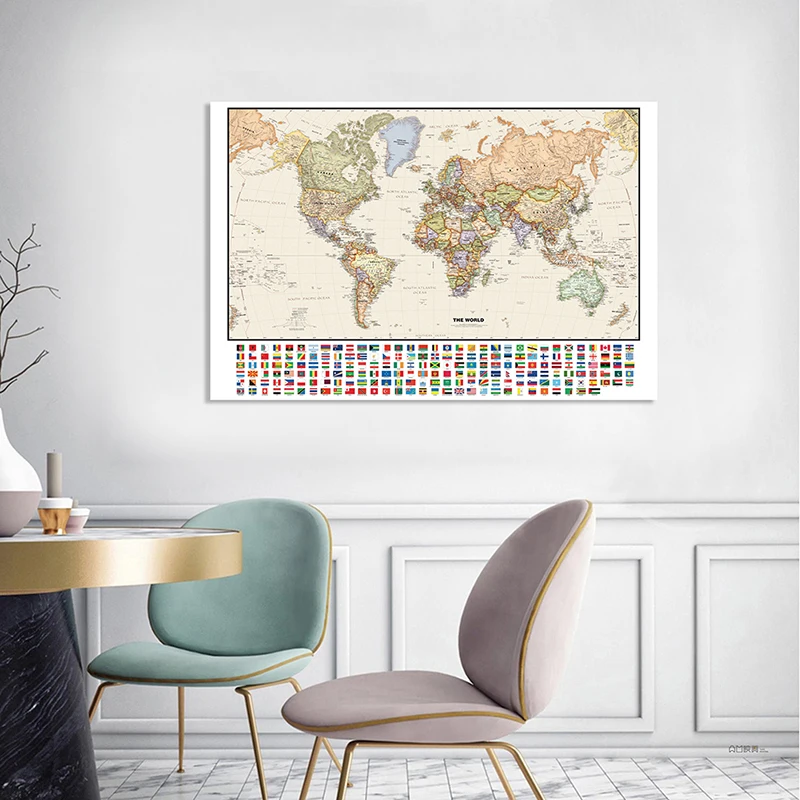 

225*150cm The World Political Map with National Flags Vintage Non-woven Canvas Painting Large Poster School Supplies Home Decor
