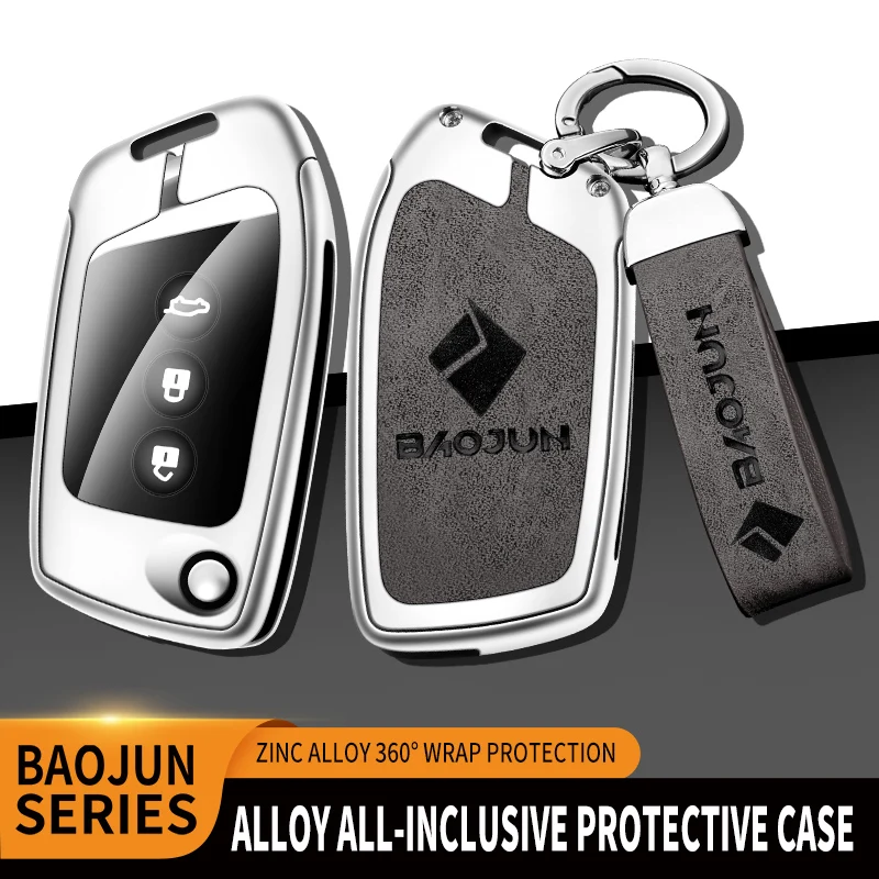 

Zinc Alloy+Leather+TPU Car Remote Key Bag Key Chain For Baojun KiWi EV RC-6 RC-5 RS-3 RS-5 E300 Accessories