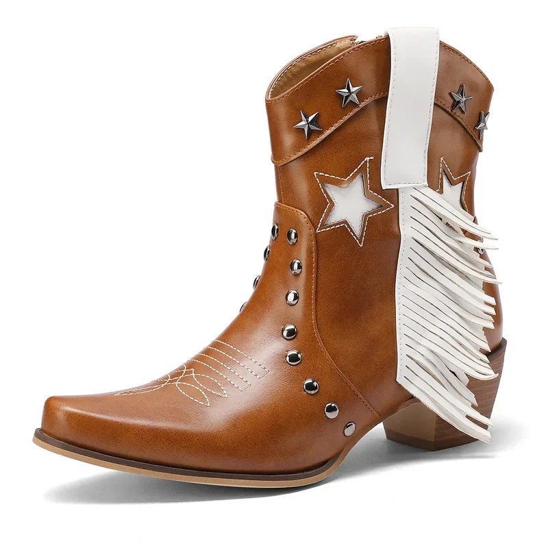 Винтажные ковбойские сапоги в стиле вестерн с кисточками и пентаграммой