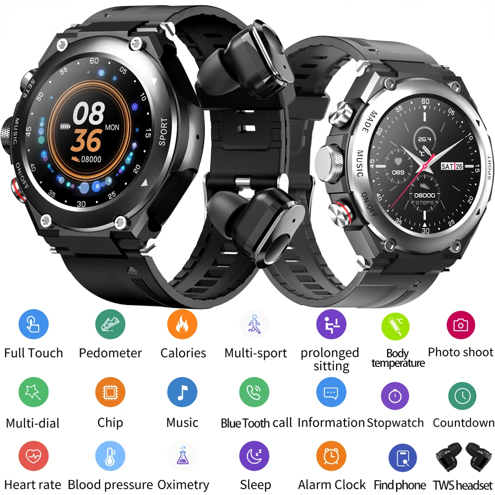 

Smart Watch Bracelet 2 in 1 TWS Wireless Headsets Heartrate Blood Pressure Fitness BT Call Smartwatch Man Woman For Android IOS