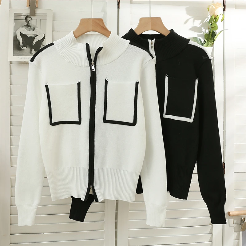 

Knitted Zipper Sweater Korean Style Women O-Neck Color Blocking Sweaters Two Pockets Cardigan Female Casual Clothes Dropshipping