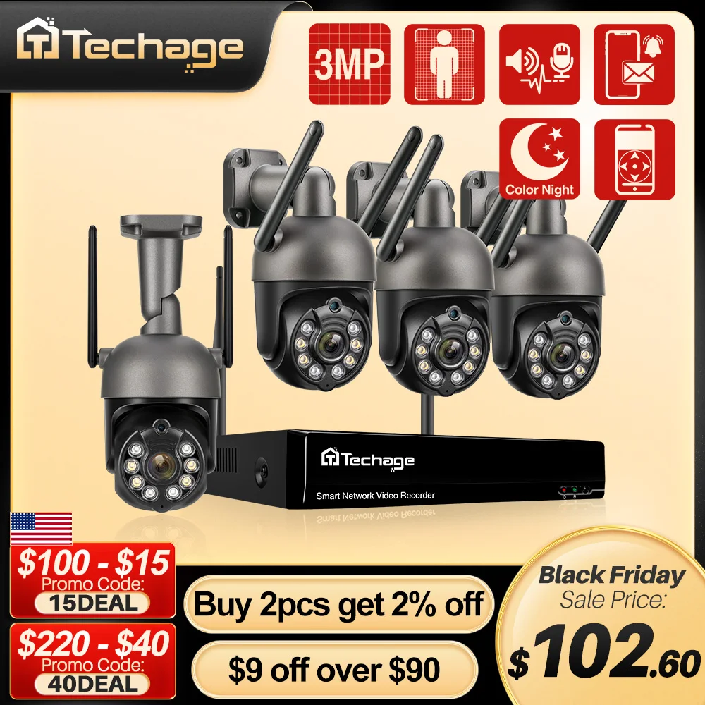 Techage 3MP PTZ Wireless CCTV System Two Way Audio WIFI IP Security Camera 8CH P2P NVR Video Surveillance Kit Human Auto Track