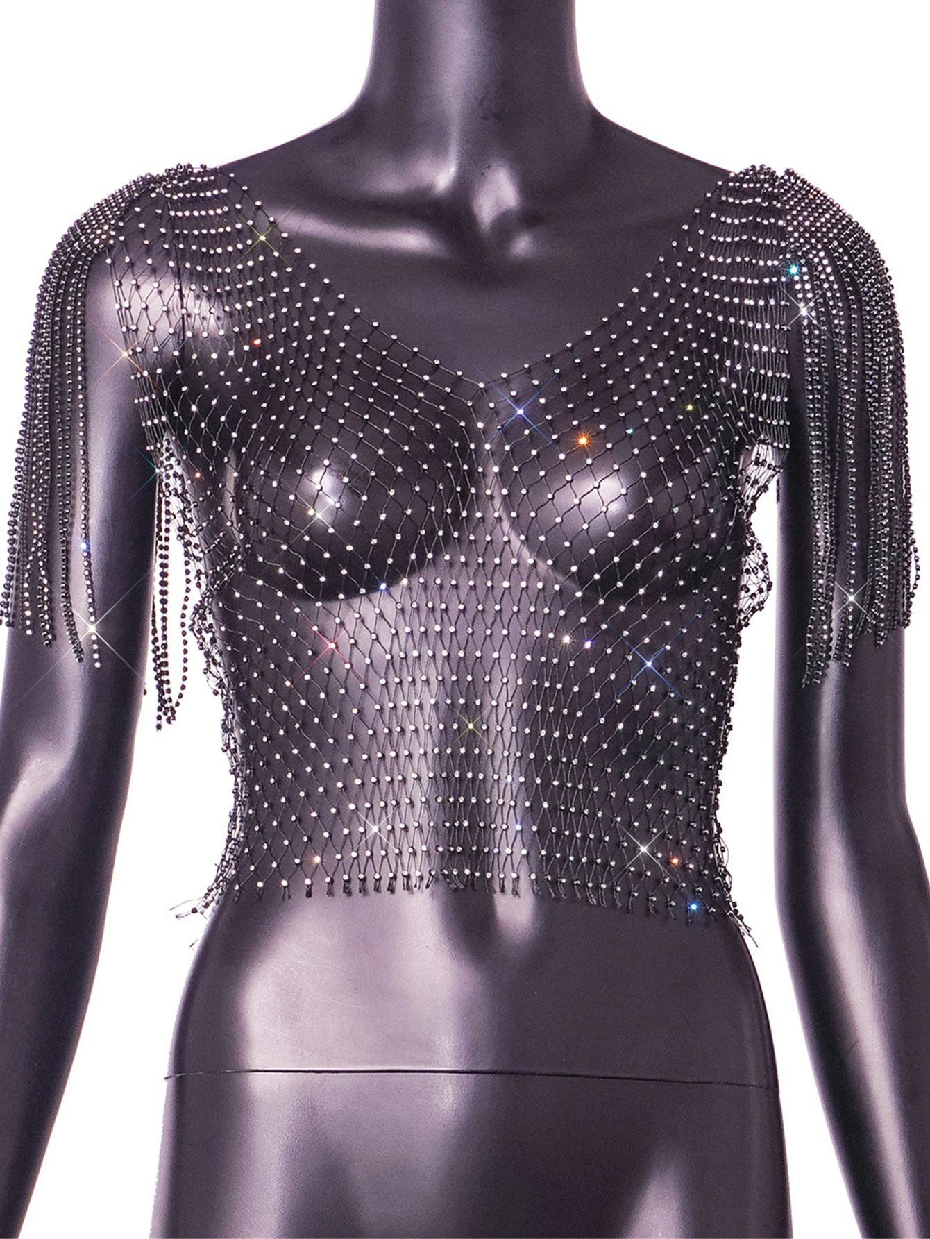 Сексуальный черный прозрачный укороченный топ со стразами женская летняя