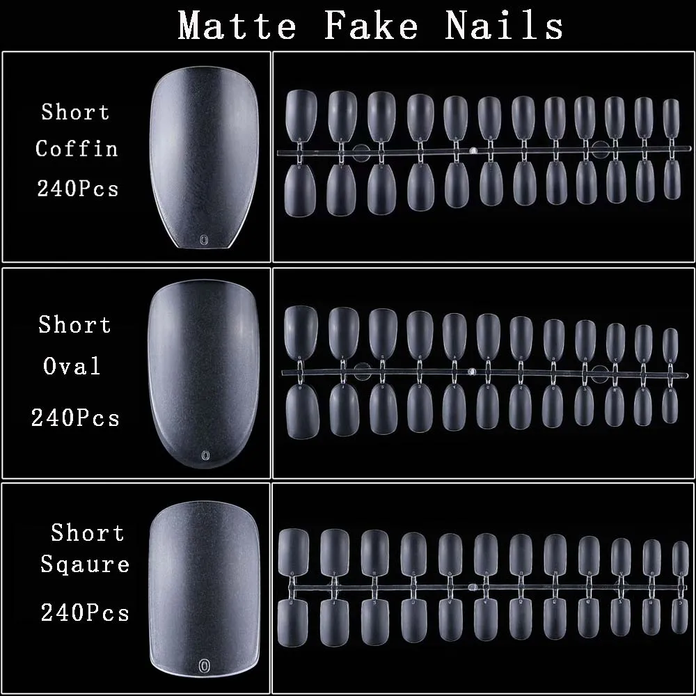 

240Pcs Matte False Nails Extenion Artificial Tips Short Coffin/ Square Press on Nail Art Sqaure Fake Tips Manicure Tool