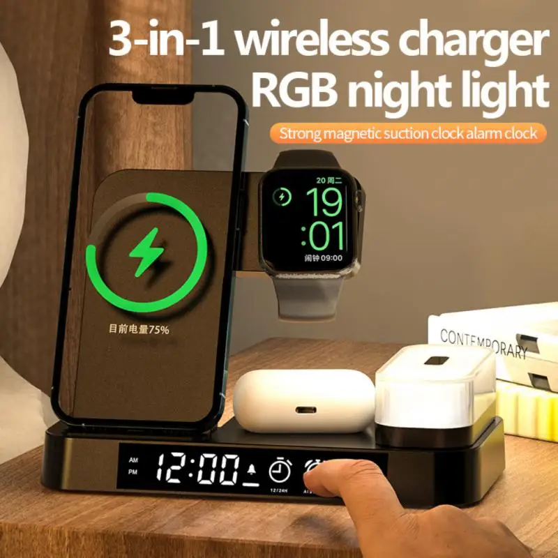 

Fast Charging Wireless Charger Magnetic Detachable Charging Adapters With Clock Foldable Charging Dock Station 3 In 1 Rgb