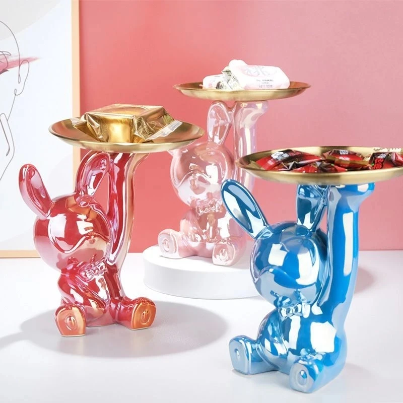 

Фигурка кролика 2023 года, коробка для хранения с металлическим подносом, Статуэтка из смолы, украшение для дома, декоративное украшение для гостиной