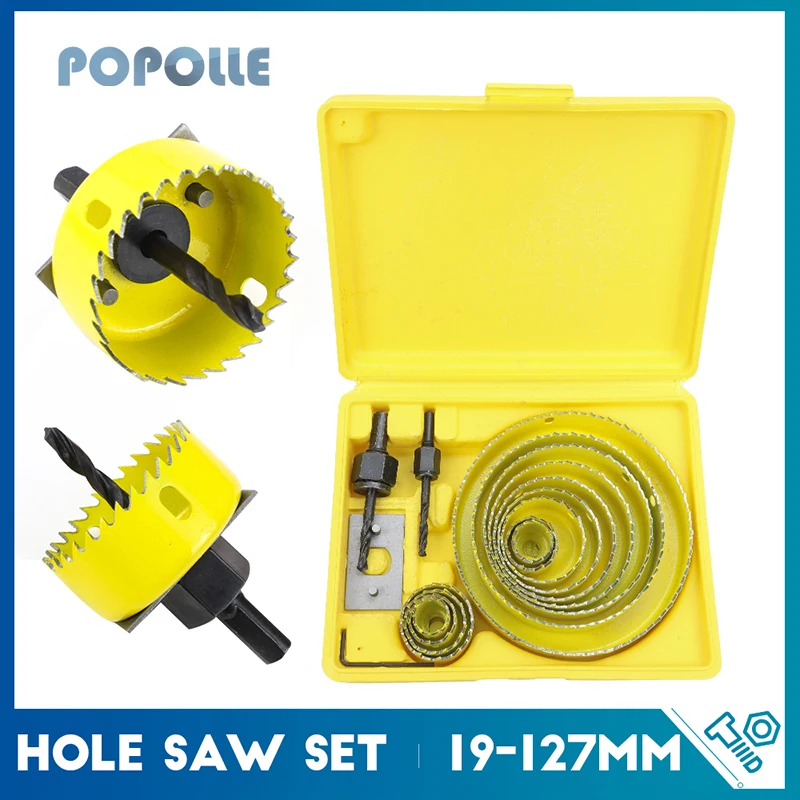 Popolle 5/8/13 Piece Hole Saw Set 19-127mm Metal Core Woodworking Drill Bit Cutter Hole Saw Woodworking Tools