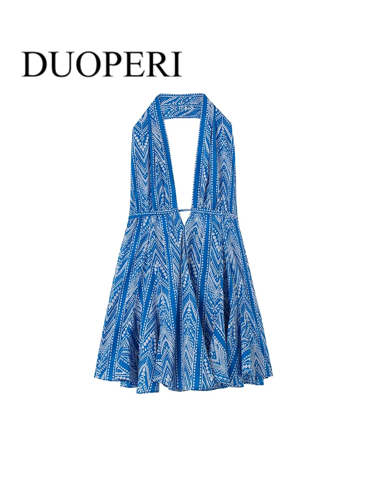 

DUOPERI Women Fashion Printed Lace Up Mini Dress Vintage Strapless Halter Neck Female Chic Dresses Outfits